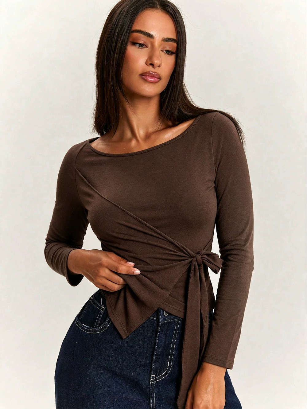 ZARA Vintage Boatneck Long Sleeve SideTie WaistCinch AsymmetricHem Slim Fit Top